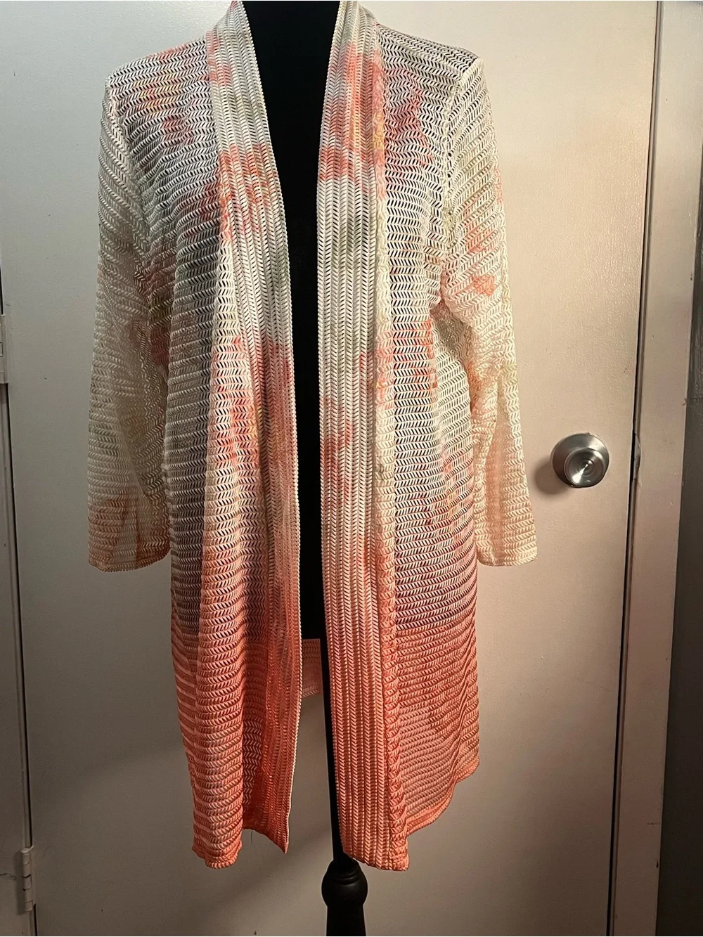 CALstyle White and Peach Open-Weave Draped Cardigan